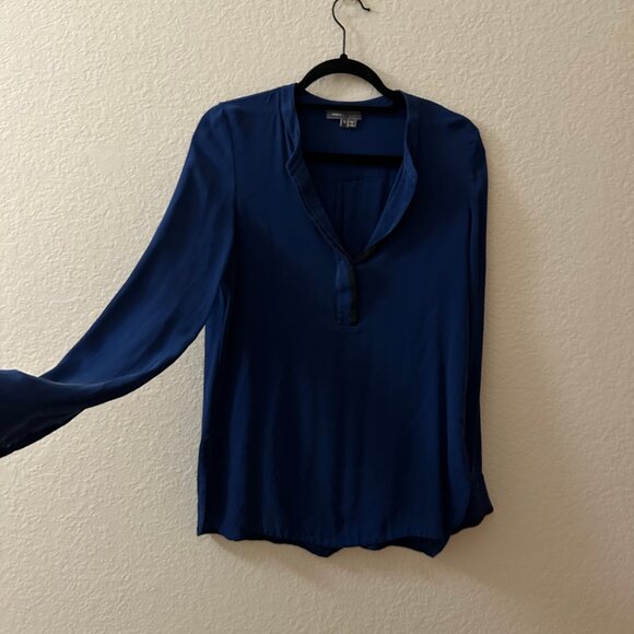 Vince Long Sleeve Silk Tunic Cobalt Blue Flowy V-neck Top with Black Piping - Picture 2 of 6